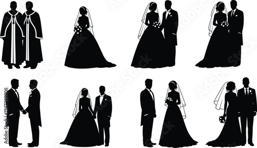 Vector illustration of silhouetted wedding figures including officiants, brides, grooms, and couples symbolizing ceremony, tradition, identity, diversity, inclusivity, heritage, and education