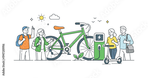 People with electric bike and scooter at charging station, promoting eco-friendly transport. A group of diverse people are shown with sustainable transportation options like an