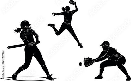  Silhouettes of softball players in dynamic action poses, pitching, batting, fielding, capturing energy, teamwork, and athletic performance in sports illustration