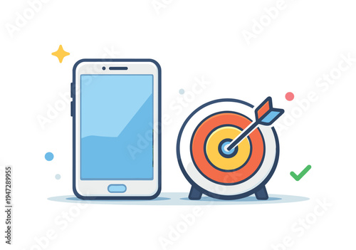 Smartphone and target with arrow, representing mobile marketing goals and success. A modern smartphone stands next to a dartboard with an arrow in the bullseye, symbolizing
