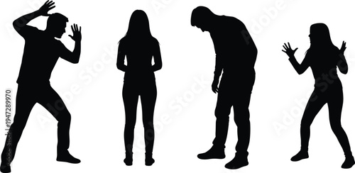 Human posture silhouettes, expressive body language vector illustration, diverse standing poses design for emotion, gesture, lifestyle inspiration