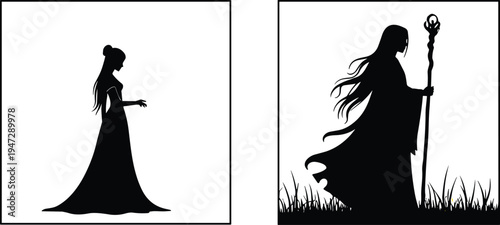 Silhouette frames of woman in flowing dress and mystical robed figure with staff, storytelling illustration design representing fantasy and character themes