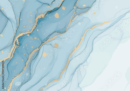 Blue and gold abstract marble texture with swirling patterns and gold accents