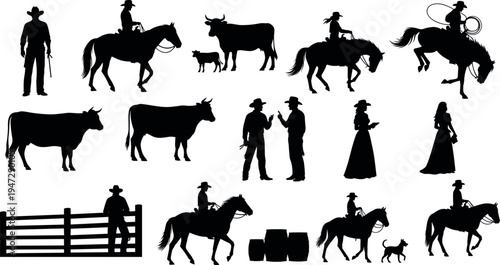  Black silhouette cowboys and cowgirls with horses, cattle, dog, ranch elements, lasso, western lifestyle figures, rural culture, rodeo illustration