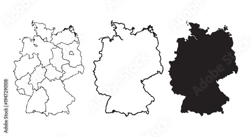 A set of maps showing different representations of Germanys geographical outline and regions.