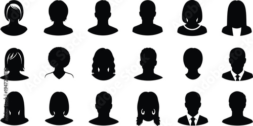 Human profile silhouettes in diverse styles, head and shoulder avatars, demographic representation, user interface icons, identity illustration, diversity concept