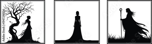 Silhouette frames of women and robed figure with staff, artistic storytelling illustration design representing character, mood, and narrative themes