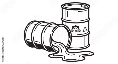 A black and white illustration of two oil drums with one leaking oil