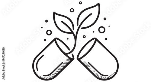 A black and white illustration of two capsules with a plant growing out of them