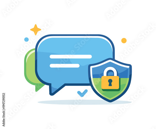 Chat bubble with shield and lock icon symbolizing secure communication. Digital illustration of a blue chat bubble protected by a shield with a golden padlock, representing secure