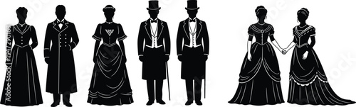 Victorian silhouettes of men and women in formal attire, elegant gowns, top hats, historical fashion pairs, romantic gesture illustration design