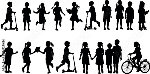  Children silhouette vector illustration, kids playing outdoors, walking, running, riding scooters, giving high-fives, social activity concept, fun lifestyle design