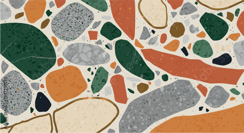 colorful terrazzo pattern with orange green gray and beige stones