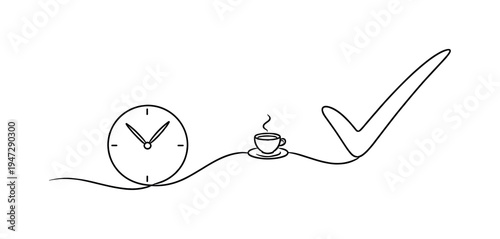 Continuous line drawing of a clock, coffee cup, and checkmark representing time management and task completion. A minimalist single line illustration connecting a clock, a steaming