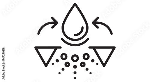A simple black and white icon of a water droplet with arrows and triangles
