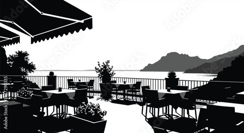 A striking black and white image depicts a seaside cafe with tables and a distant mountainous landscape silhouette high quality professional detailed modern