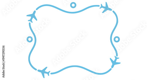 A blue airplane route map on a Transparent Background with a wavy line and circles