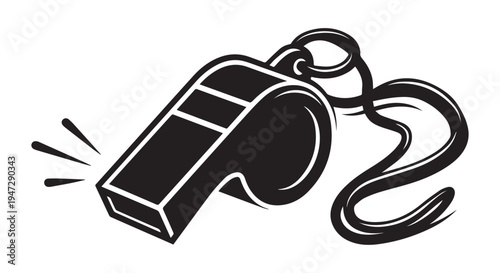 A black and white illustration of a whistle on a lanyard blowing loudly