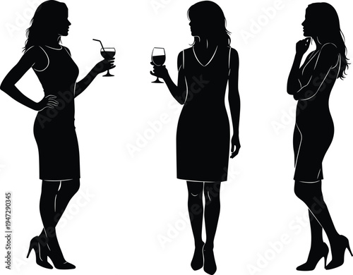 Silhouettes of three women in dresses with drinks, social gathering illustration design representing party, conversation, and stylish interaction