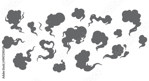A collection of dark grey smoke clouds on a Transparent Background for design use
