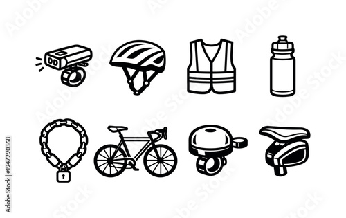 Bicycle accessories icons: safety gear, bike parts, and essentials. Collection of simple line art icons representing essential cycling equipment and safety items for a cyclist