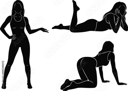 Human silhouette poses standing, lying, crawling, artistic figure illustration, anatomy reference, modeling concept, diverse posture, creative design, gesture drawing, lifestyle depiction