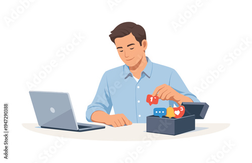 Man organizing social media notifications from a laptop into a box. A man sits at a desk with a laptop and a box filled with social media icons like likes, messages, and