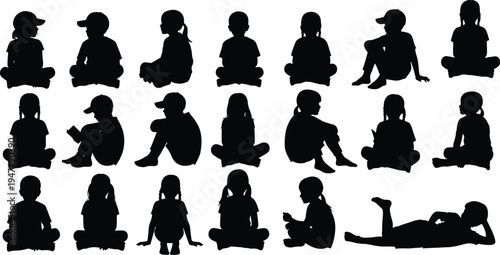 Children silhouettes collection, seated and relaxed poses vector illustration, diverse posture design for lifestyle, study, artistic inspiration