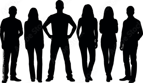 Human silhouette vector illustration featuring diverse standing poses, group unity, posture variations, collective identity, professional design elements
