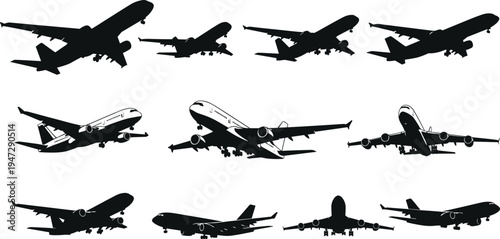 Silhouette illustration of airplanes in multiple orientations, commercial aircraft profiles vector art design concept for aviation stock content
