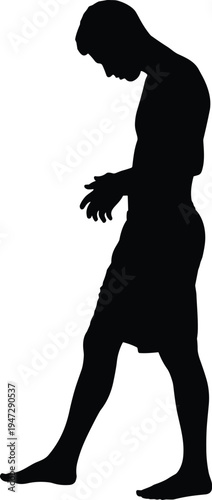 Silhouette of person standing with hunched posture, barefoot figure in shorts holding hands forward, expressive vector illustration design