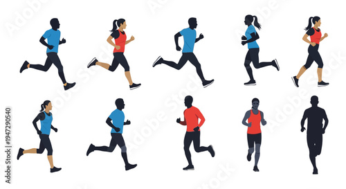 A collection of running figures in dynamic poses showcasing athleticism and movement as a stark silhouette high quality professional detailed modern