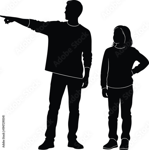 Silhouettes of two people standing together, vector artwork showing guidance gesture and interaction design with expressive posture