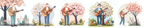 vector of a happy grandpa standing playing guitar in spring