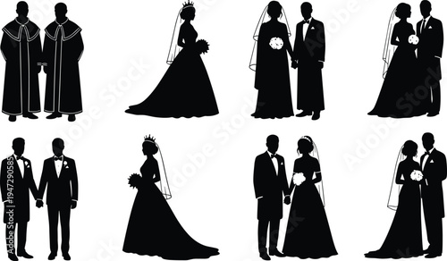 Wedding silhouette vector illustration with diverse couples, officiants, bride and groom figures, elegant black artwork, decorative artistic composition, inclusivity design