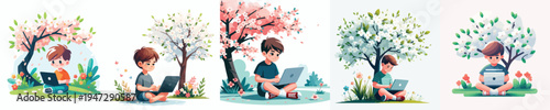 vector of a little boy sitting outside with a laptop in spring