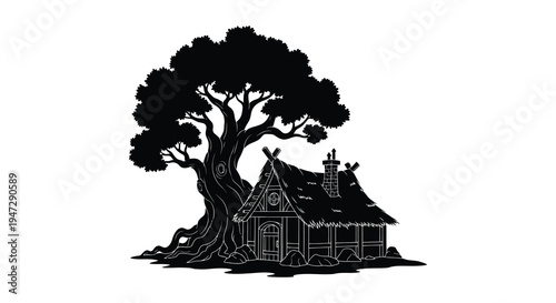 A charming cottage nestled beneath a large sprawling tree rendered as a striking black silhouette high quality professional detailed modern elegant