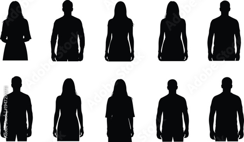 Human silhouette vector illustration with diverse body types, standing poses, gender representation, anatomy, posture, style, culture, design, character, identity, variation, expression