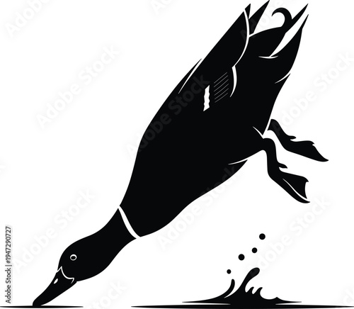 Black silhouette duck diving headfirst into water, splashes ripples, dynamic motion, natural behavior, artistic minimalist animal vector illustration