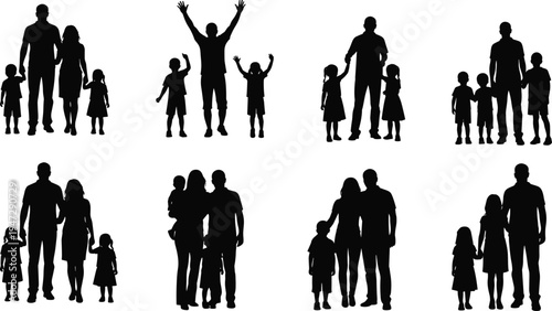 Family silhouette illustration with adults and children, black vector design showing diverse relationships, parenting, love, and togetherness styles