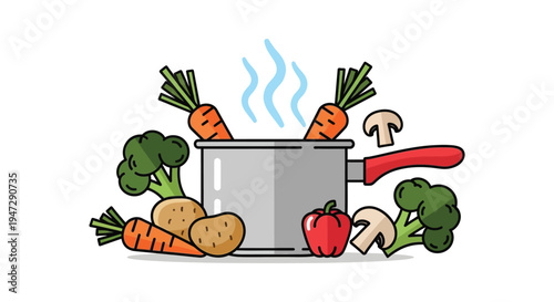 A colorful illustration depicts a pot of simmering vegetables including broccoli carrots and potatoes silhouette high quality professional detailed modern elegant