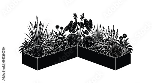 A detailed black and white illustration depicts a corner garden planter filled with diverse foliage a striking silhouette high quality professional