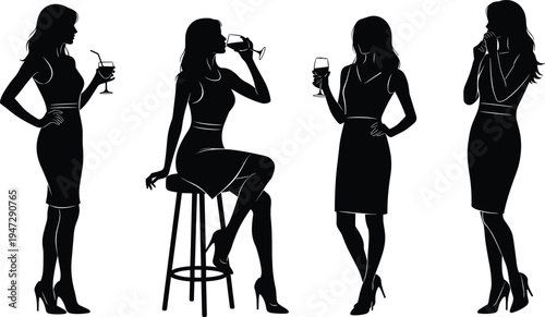 Silhouettes of women with drinks, vector artwork representing elegance, nightlife scene, social gathering design and stylish interaction