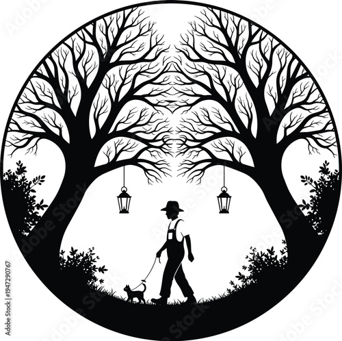 Silhouette of person walking dog under trees, circular frame, lanterns hanging, nature path, peaceful scenery, outdoor lifestyle, artistic composition, tranquil atmosphere