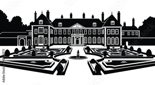 A grand manor house with symmetrical gardens and a central fountain is depicted in black silhouette high quality professional detailed modern