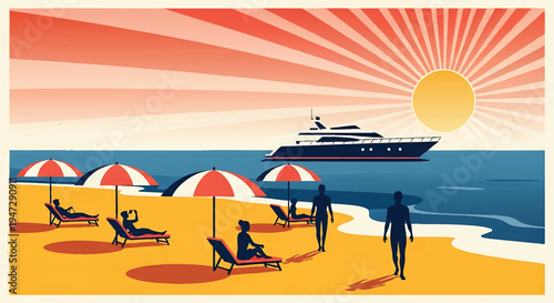 Beach resort with people relaxing on sun loungers under red umbrellas and yacht sailing on sea at sunset vector illustration of summer holiday travel