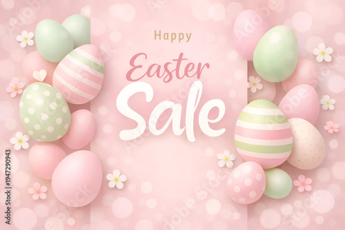 Easter sale banner with pastel Easter eggs on a pink background with copy space. Easter promotional mockup with Happy Easter Sale text for advertising, seasonal discount, retail promotion, marketing.
