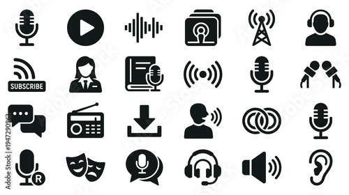 Podcast icons collection with microphone radio and sound wave symbols