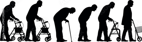 Black silhouette elderly person using walker, cane, shopping cart, aging mobility progression figures, senior lifestyle artwork illustration vector design