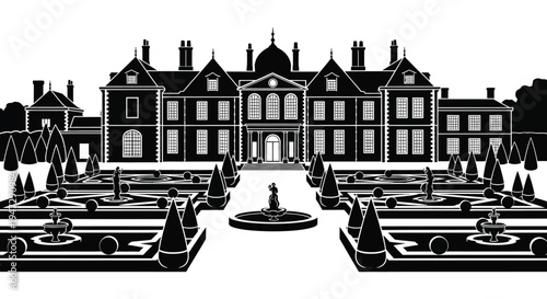 An elegant black and white illustration depicts a grand estate with formal gardens and a distinct silhouette high quality professional detailed